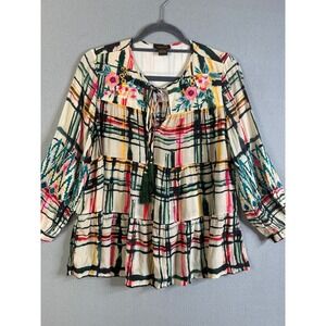 Vineet Bahl Embroidered Tassel Plaid Tiered Boho Tunic Top XS